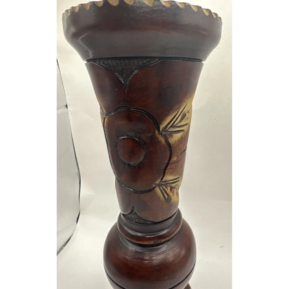 Vintage Hand Carved Wooden Etched Floral Vase  Bohemian 10 Inches